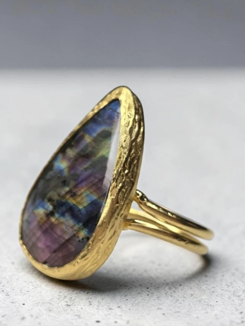 Best 22k Gold Plated Teardrop Genuine Rainbow Flash Labradorite Statement Ring